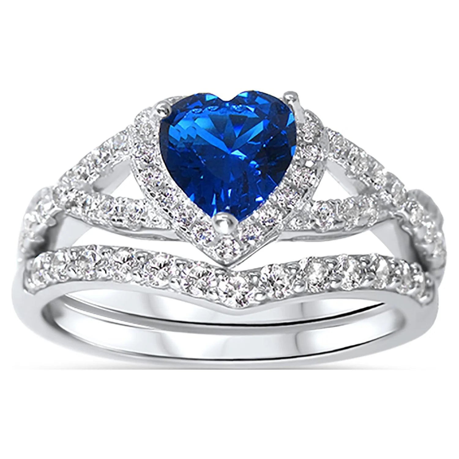 Sterling Blue Sapphire CZ Bridal Wedding Band Engagement Ring Set N68574