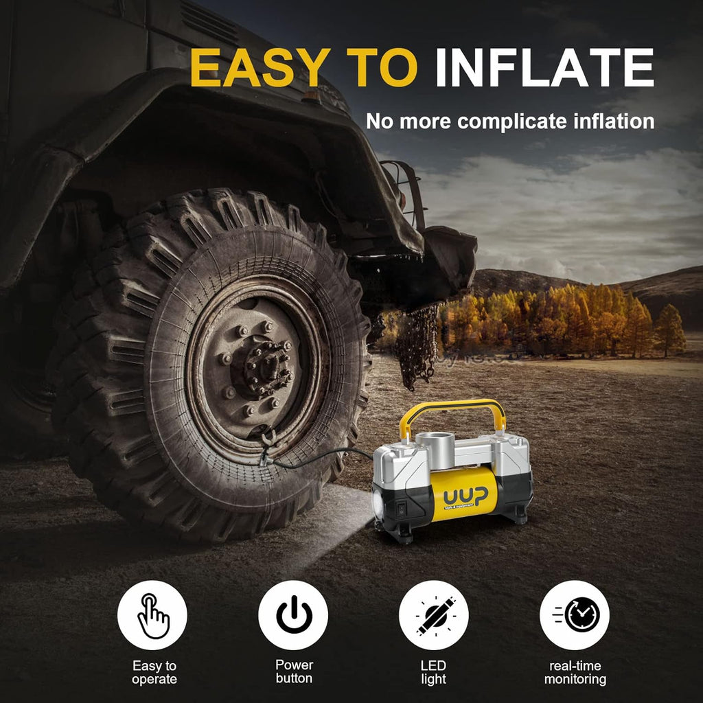 Portable Air Compressor Tire Inflator Heavy Duty Double Cylinders with 12V DC, Metal Air Pump with Emergency LED Light, Pack of 2 X881886
