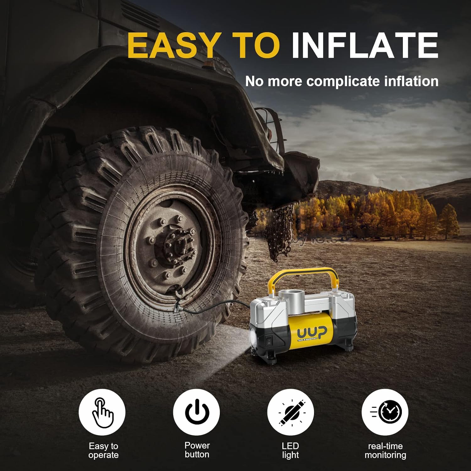 Portable Air Compressor Tire Inflator Heavy Duty Double Cylinders with 12V DC, Metal Air Pump with Emergency LED Light, Pack of 2 X881886