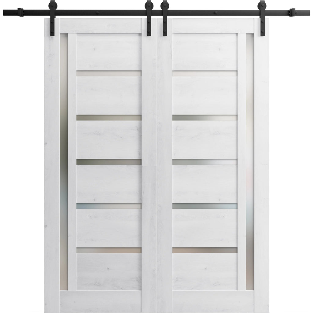 Double Barn Door 64 x 80 inches Nordic White with Frosted Glass Stainless Steel Rail Hangers B1172