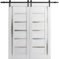 Double Barn Door 64 x 80 inches Nordic White with Frosted Glass Stainless Steel Rail Hangers B1172