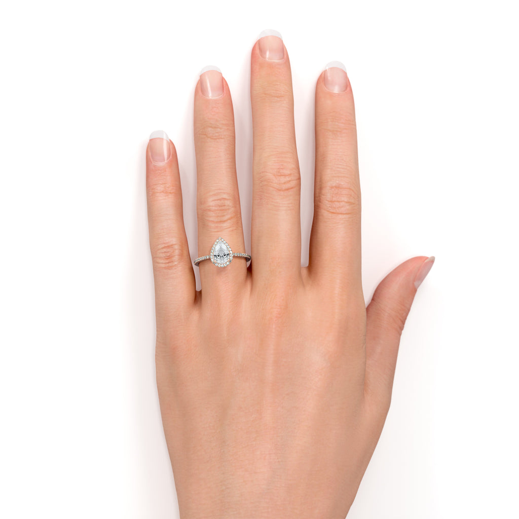 1.75 Carat Pear Cut Halo Engagement Ring with Moissanite in 18k Rose Gold Over Silver K532