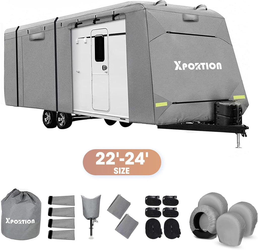 4-Layer Windproof Camper Trailer Cover with Tongue Jack Cover, Tire Covers, Gutter Covers E622588