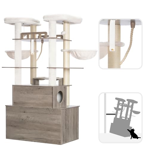 72-inch Wooden Cat Tree with Litter Box Enclosure and Scratching Post R24209