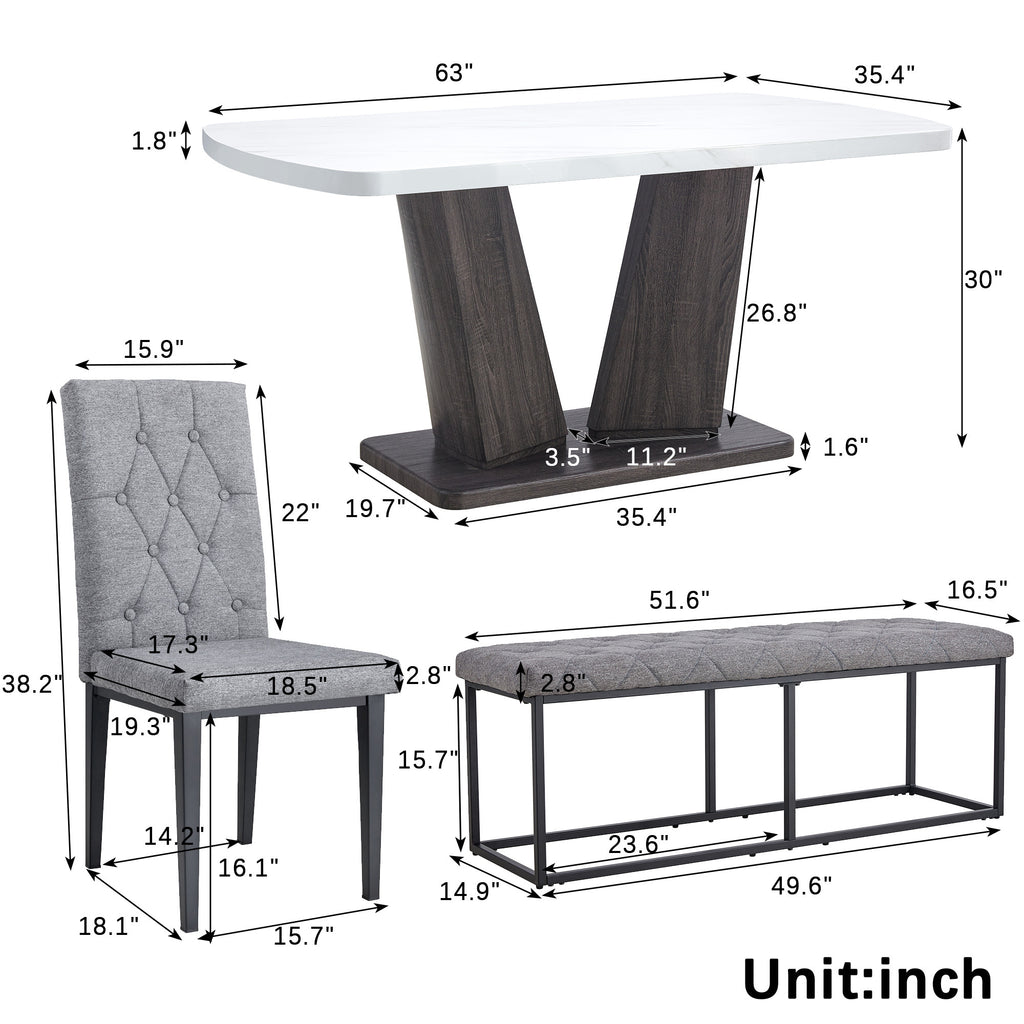 6PCS Faux Marble Dining Table Set with 4 Fabric Chairs and 1 Fabric Bench B5005