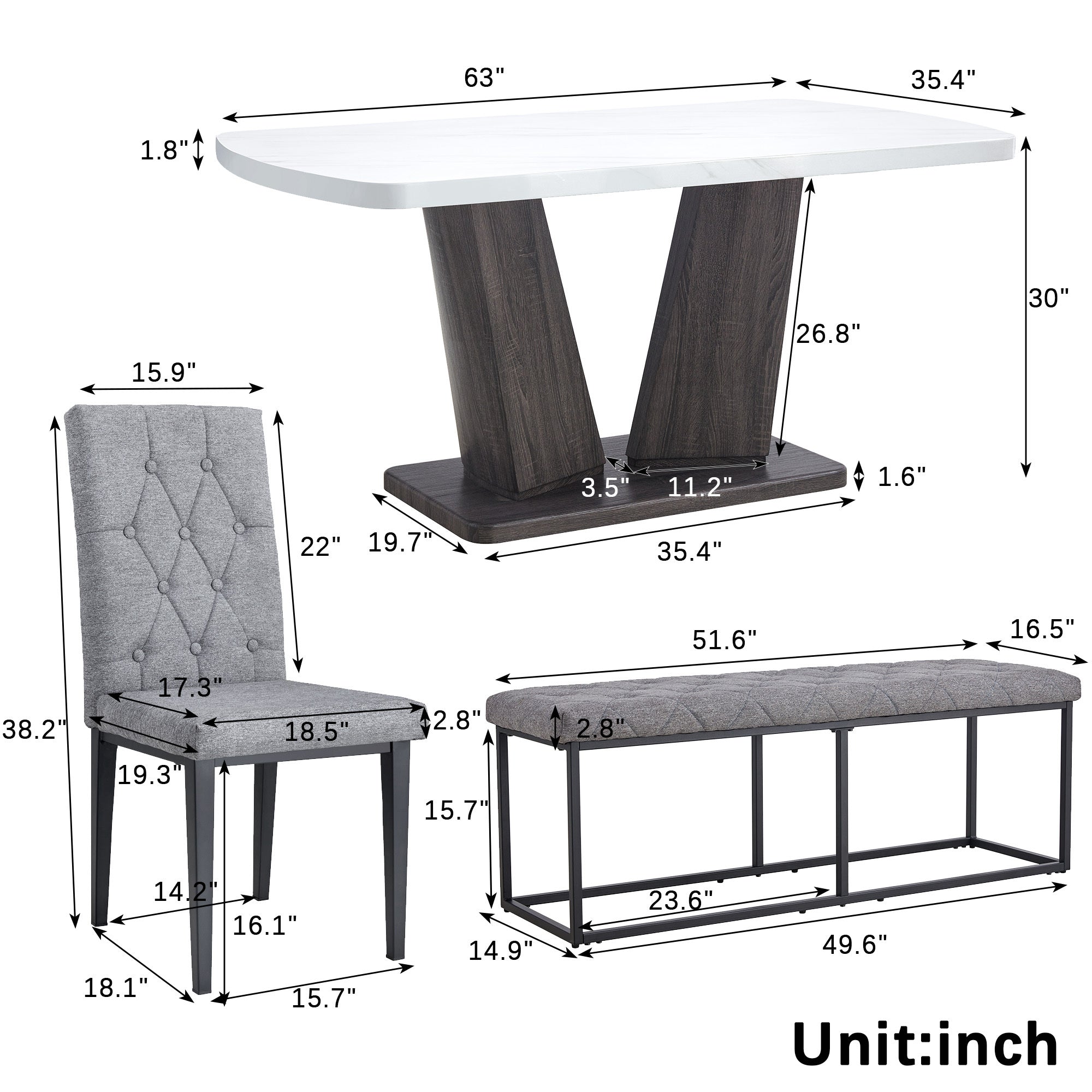 6PCS Faux Marble Dining Table Set with 4 Fabric Chairs and 1 Fabric Bench B5005
