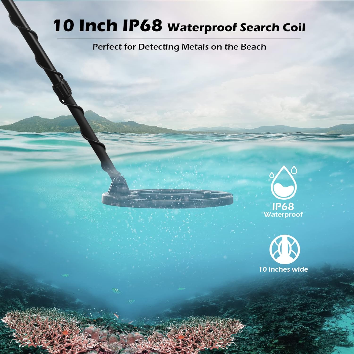 Waterproof Metal Detector with 10" IP68 Search Coil and Headphone I100