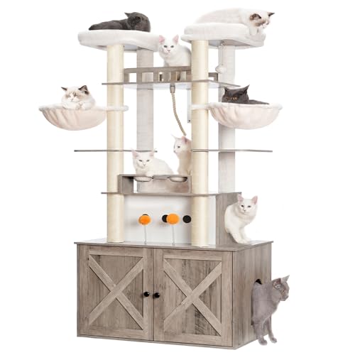 72-inch Wooden Cat Tree with Litter Box Enclosure and Scratching Post R24209