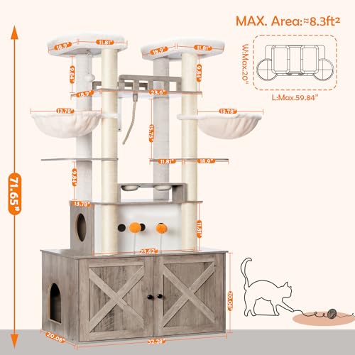 72-inch Wooden Cat Tree with Litter Box Enclosure and Scratching Post R24209