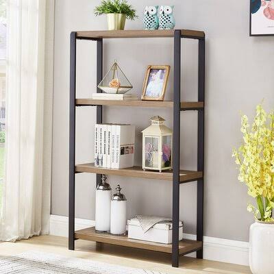 Oak 4-Tier Wood and Metal Bookshelf R9294