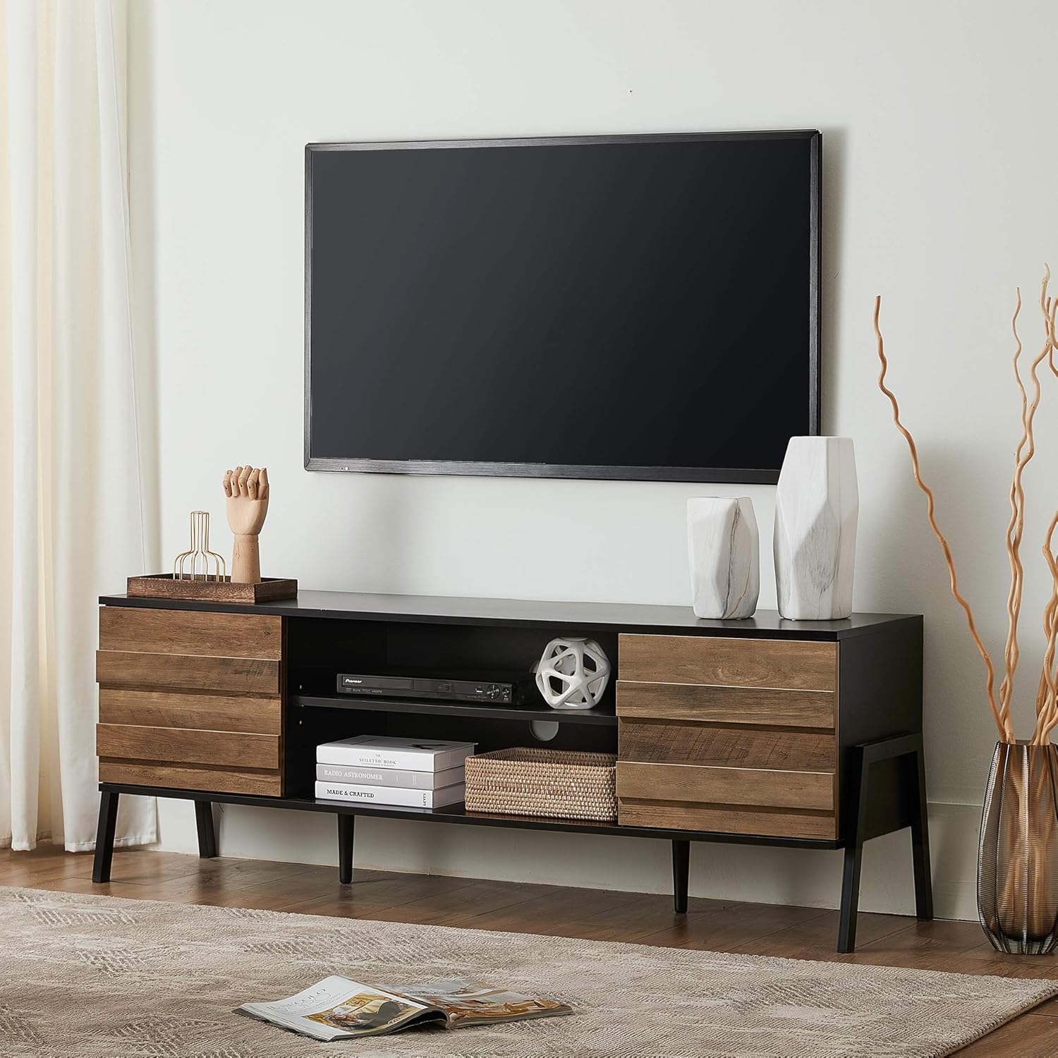 Mid-Century Modern Wood TV Stand with Metal Legs O117