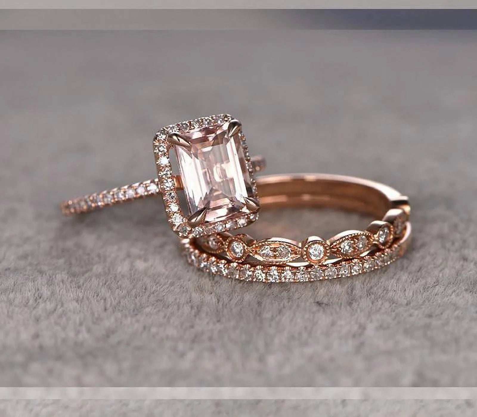 Emerald Cut Morganite Ring With Diamond Moissanites In 10K Rose Gold With Engagement Ring And 2 Wedding Bands Q7684