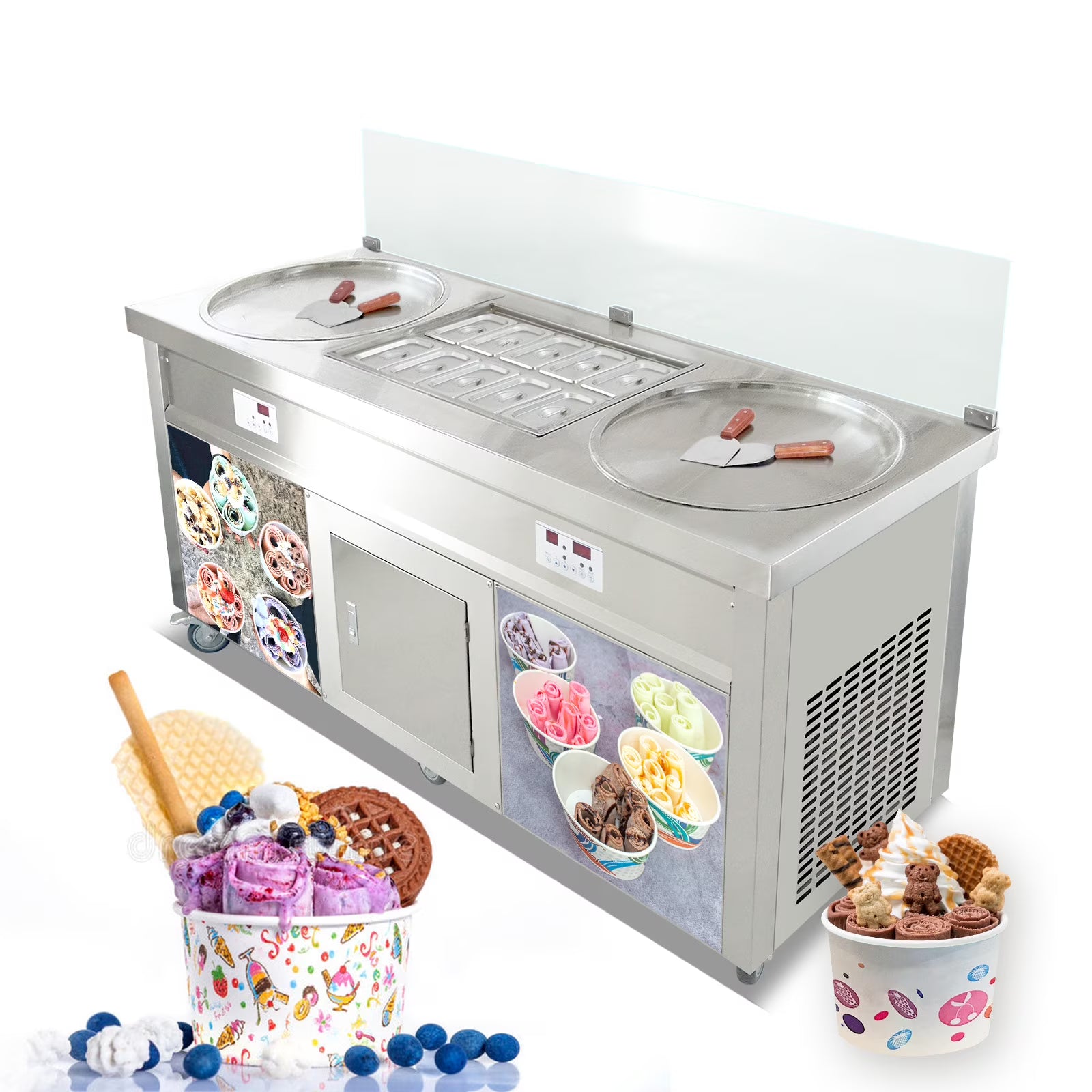 22" Double Round Pans Fried Ice Cream Machine with 10 Refrigerated Tanks D698