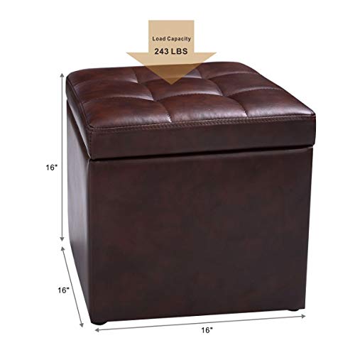 16" Storage Ottoman Cube with Hinged Lid, Flip Top Footstool, PU Leather, Black T94815