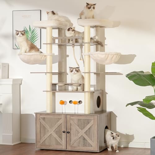 72-inch Wooden Cat Tree with Litter Box Enclosure and Scratching Post R24209