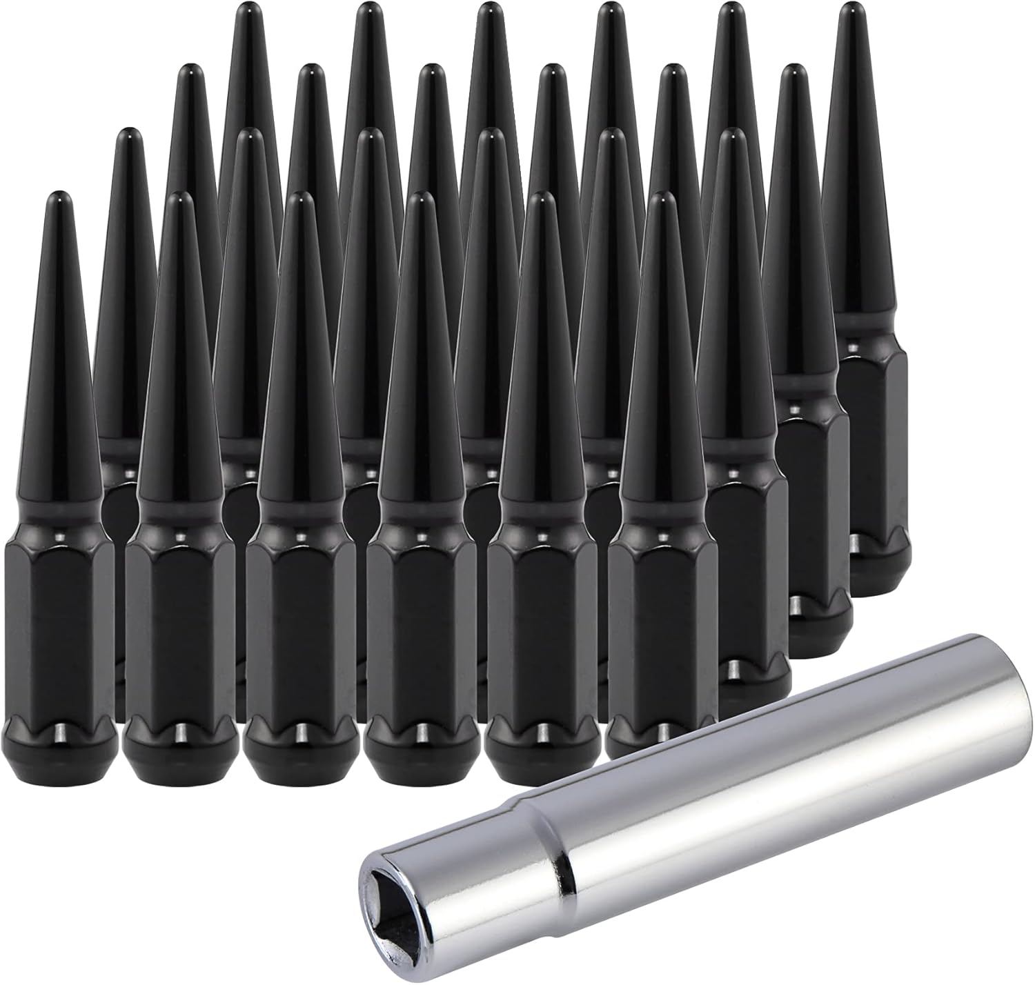 M14x1.5 Spike Lug Nuts with Cone Seat, Black, Set of 32 C403
