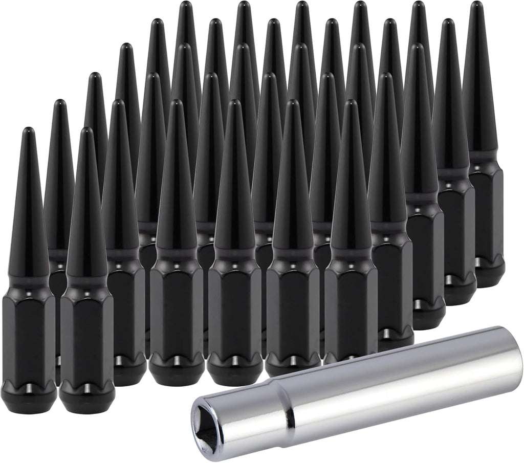 M14x1.5 Spike Lug Nuts with Cone Seat, Black, Set of 32 C403