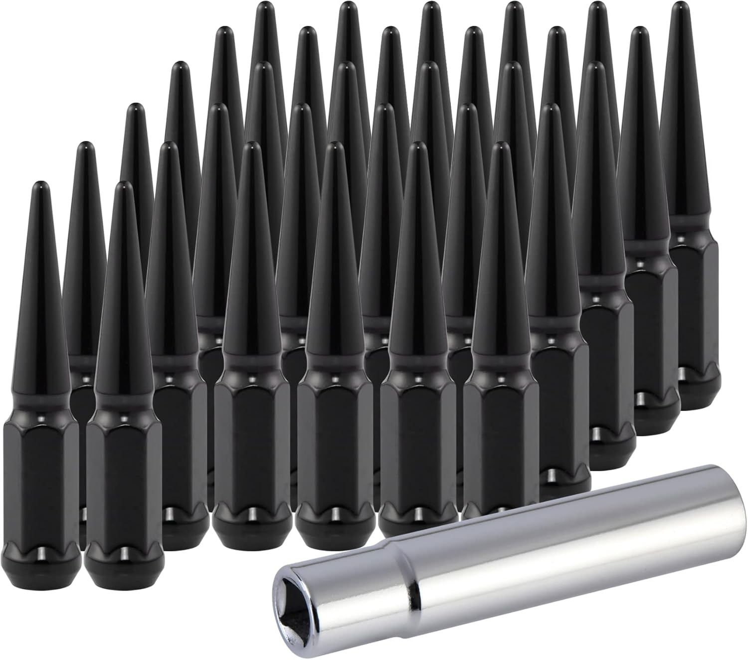 M14x1.5 Spike Lug Nuts with Cone Seat, Black, Set of 32 C403