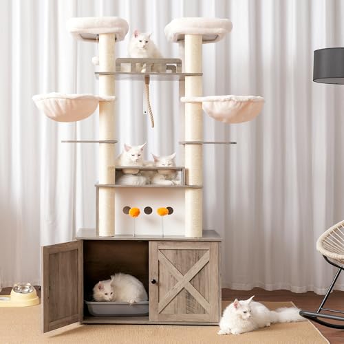 72-inch Wooden Cat Tree with Litter Box Enclosure and Scratching Post R24209