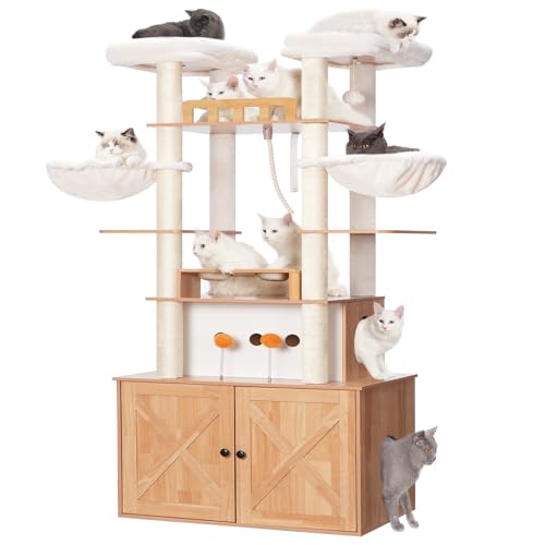 72-inch Wooden Cat Tree with Litter Box Enclosure and Scratching Post R24209