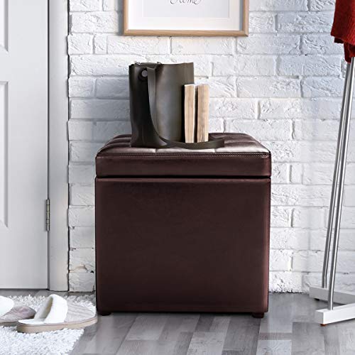 16" Storage Ottoman Cube with Hinged Lid, Flip Top Footstool, PU Leather, Black T94815