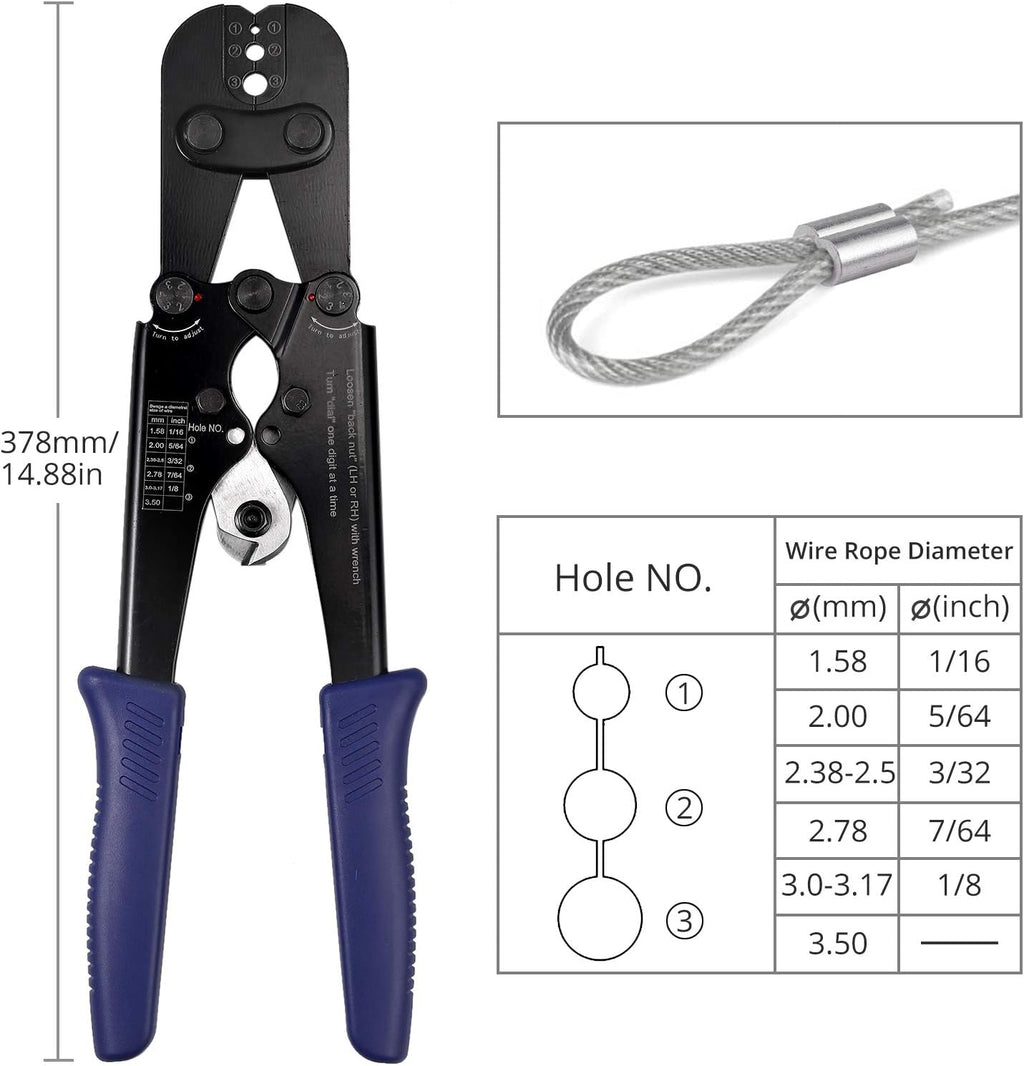 Wire Rope Crimper Crimping Tool with Aluminum Crimping Loop Sleeve and Cable Thimble F9995