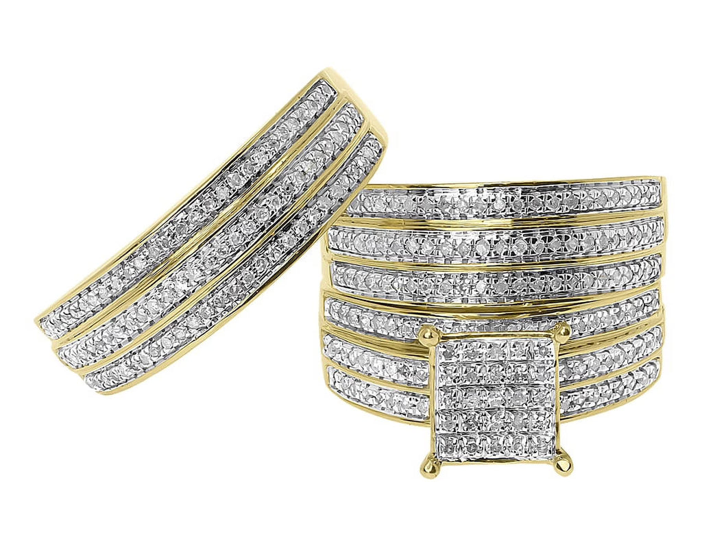 10k Yellow Gold 3 Row Pave Diamond Wedding Trio Ring Set V894788