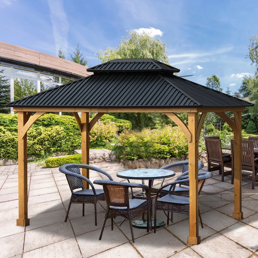 12 x 10 ft. Outdoor Solid Wooden Frame Gazebo with 2-Tier Hardtop Roof T30628