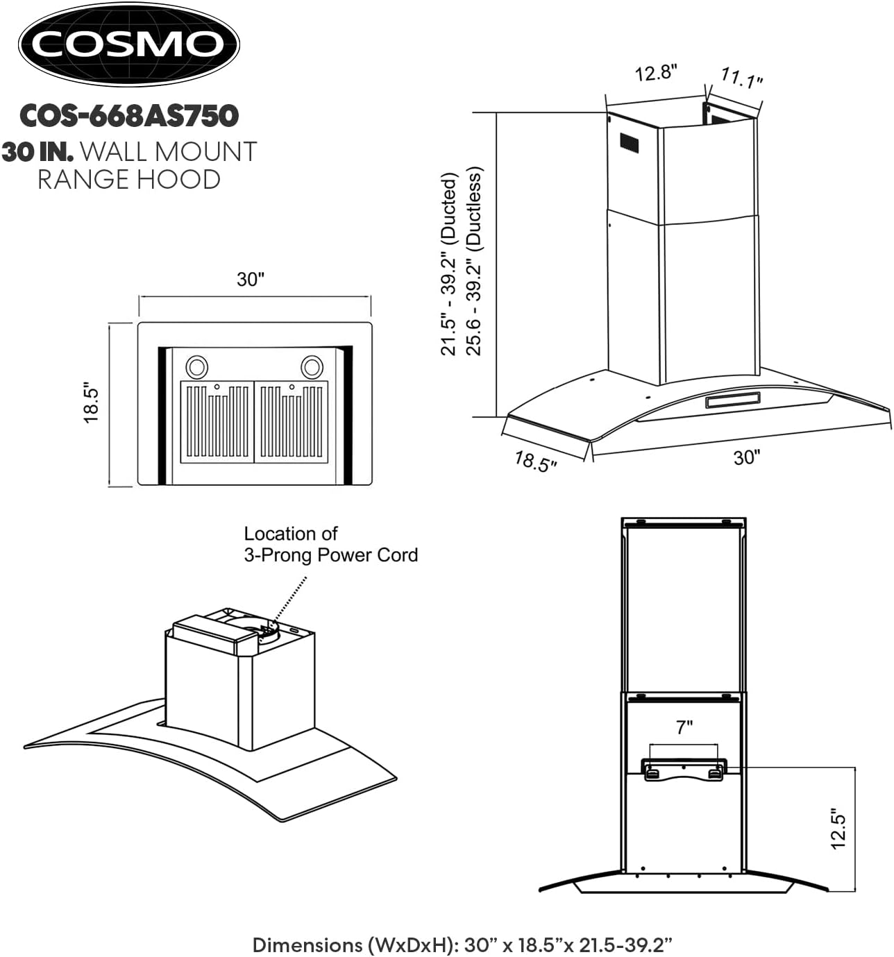 30 in. Wall Mount Range Hood with 380 CFM, Curved Glass, Stainless Steel Z3668