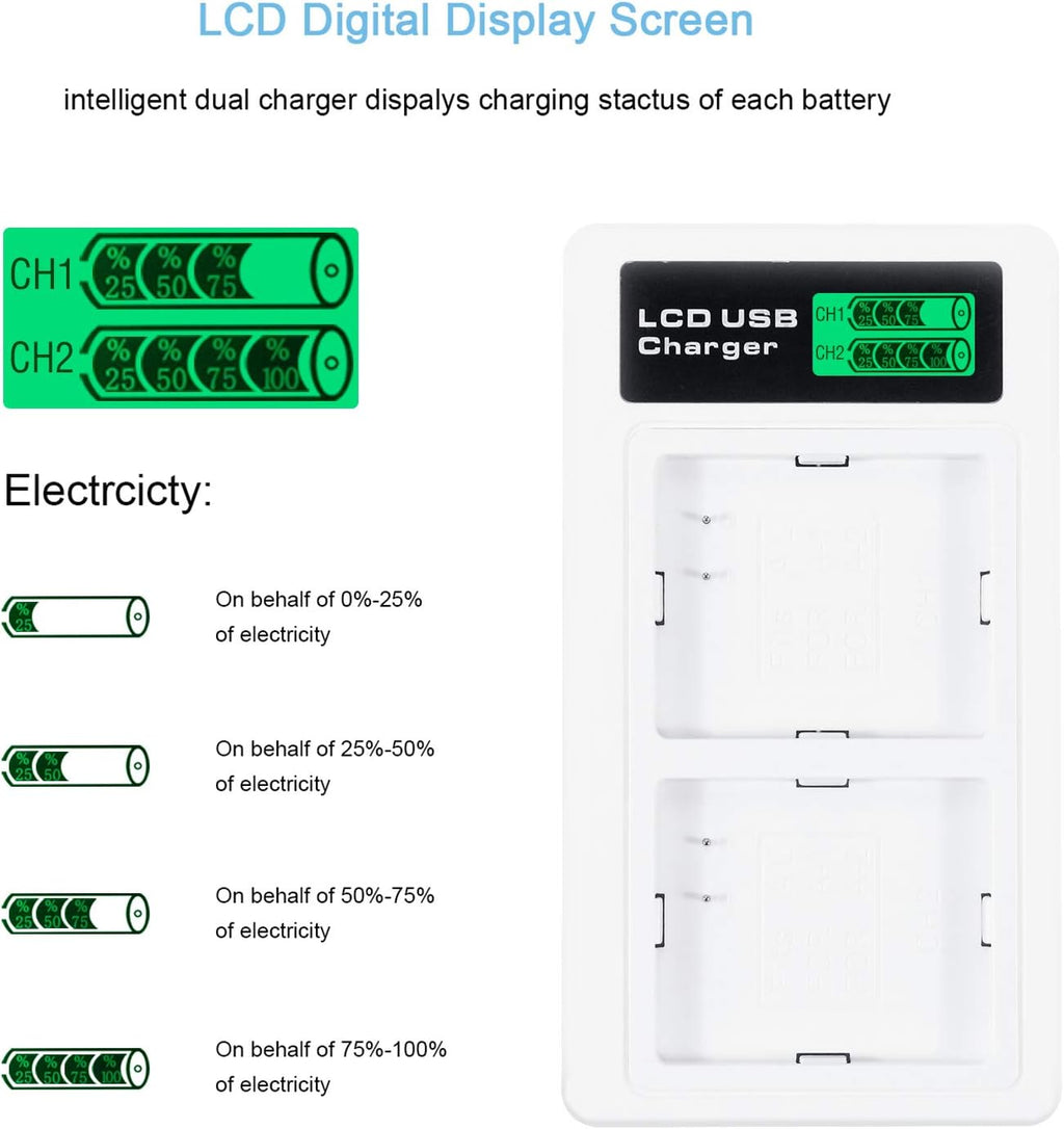 2-Pack Rechargeable Camera Battery 2440mAh with Dual LCD USB Port Charger X957060