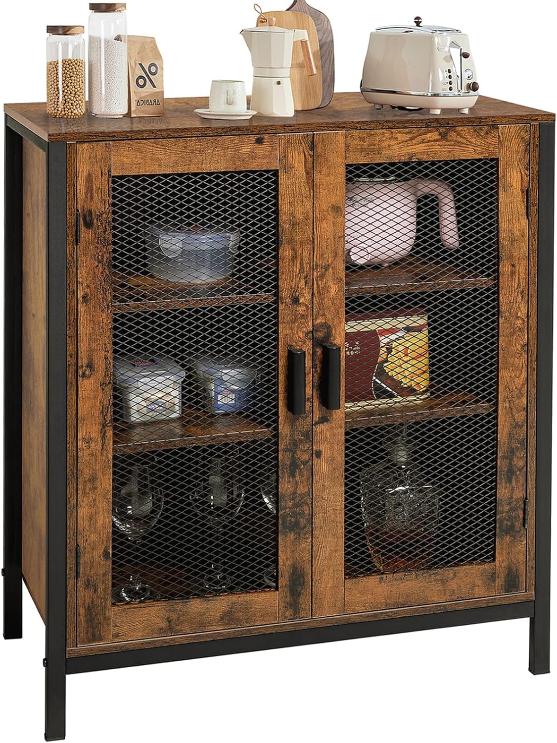 Rustic Brown 3-Tier Storage Cabinet with 2 Mesh Doors K60500