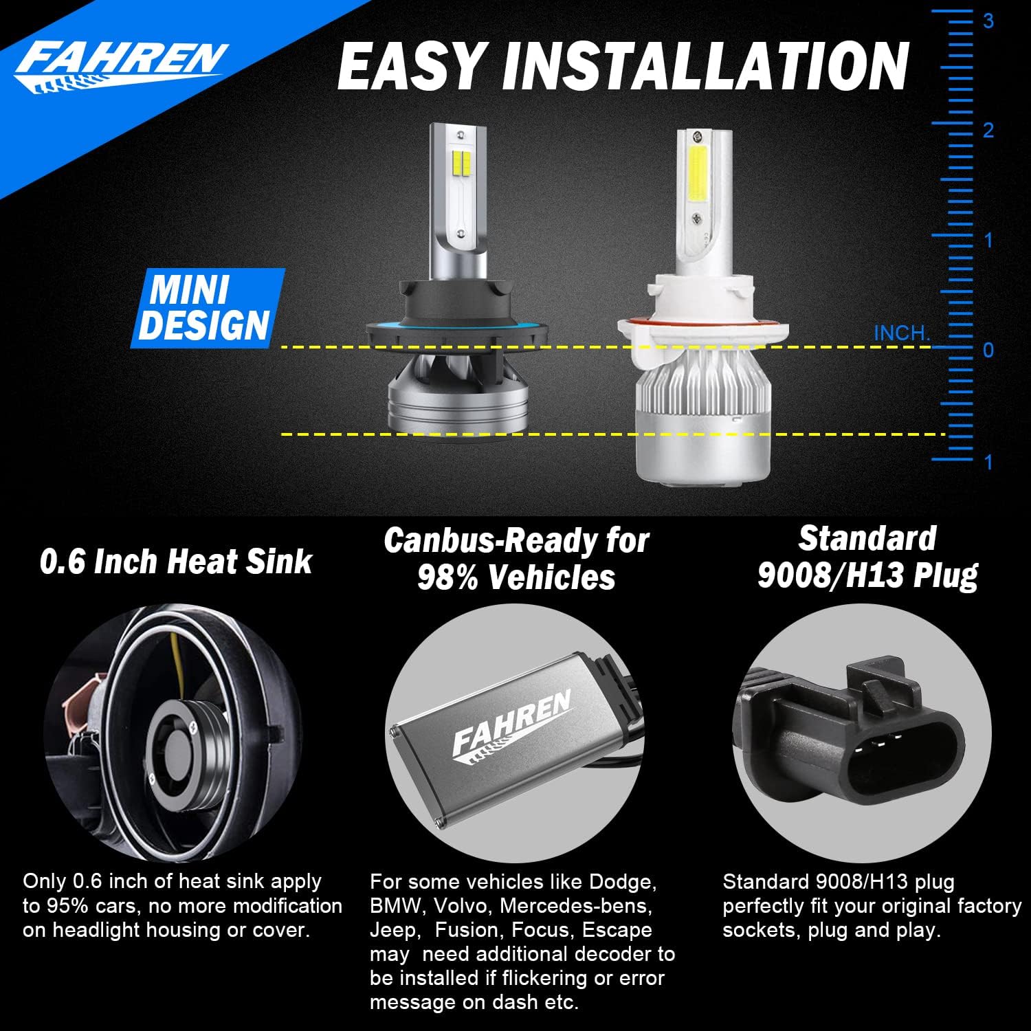 9008/H13 LED Headlight Bulbs, 70W 14000LM 6500K Cool White IP68 Waterproof, Pack of 2 F921679