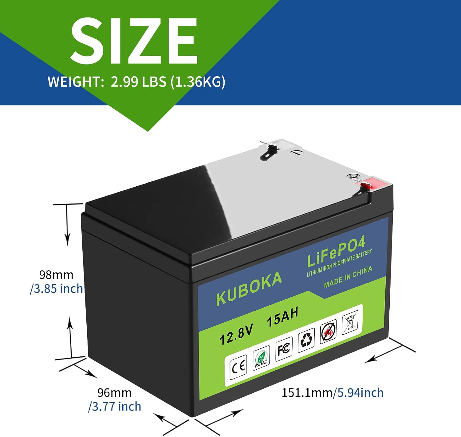 12V 15Ah LiFePO4 Lithium-ion Rechargeable Battery with Built-in BMS Z255