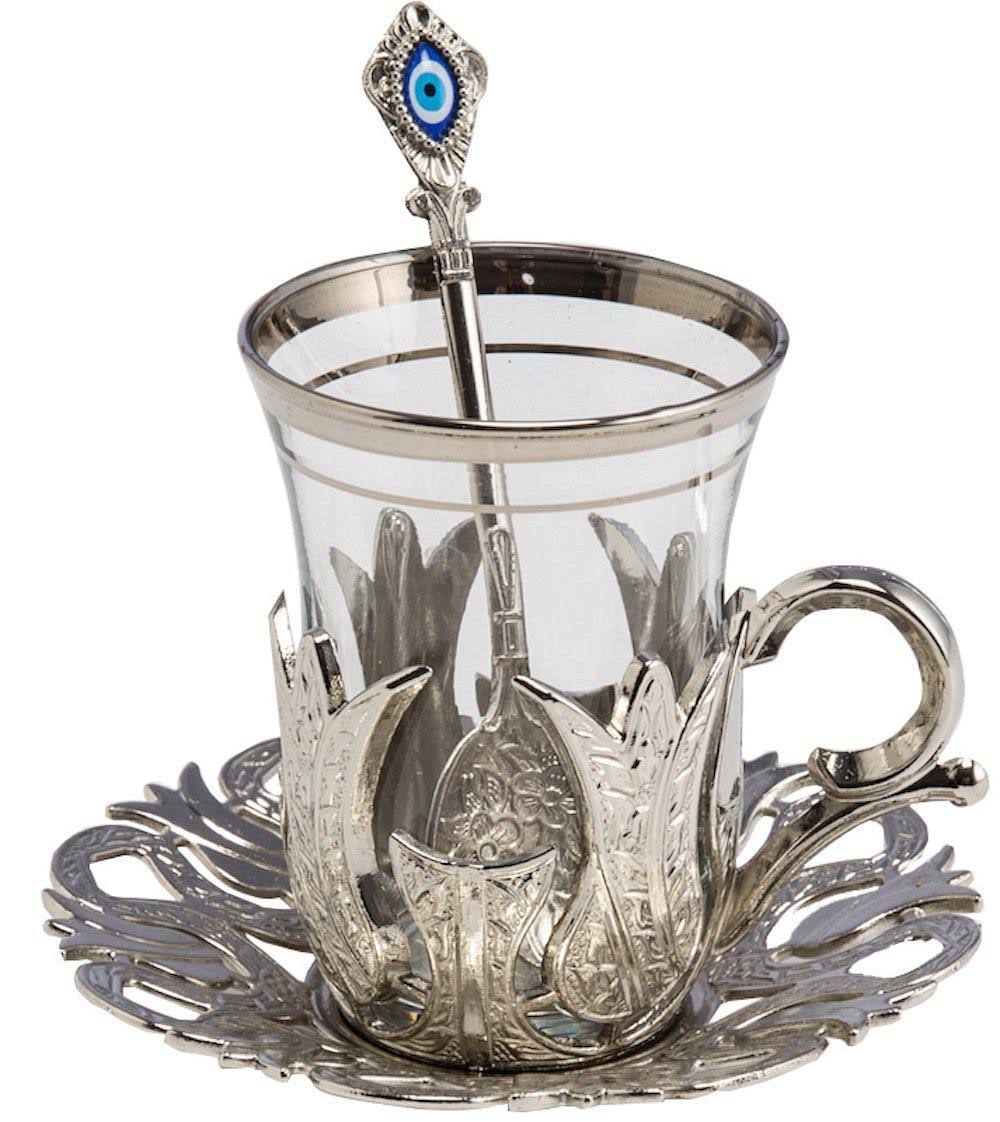 6 x Turkish Tea Glasses Set with Saucers Holders & Spoons (Silver) D133278