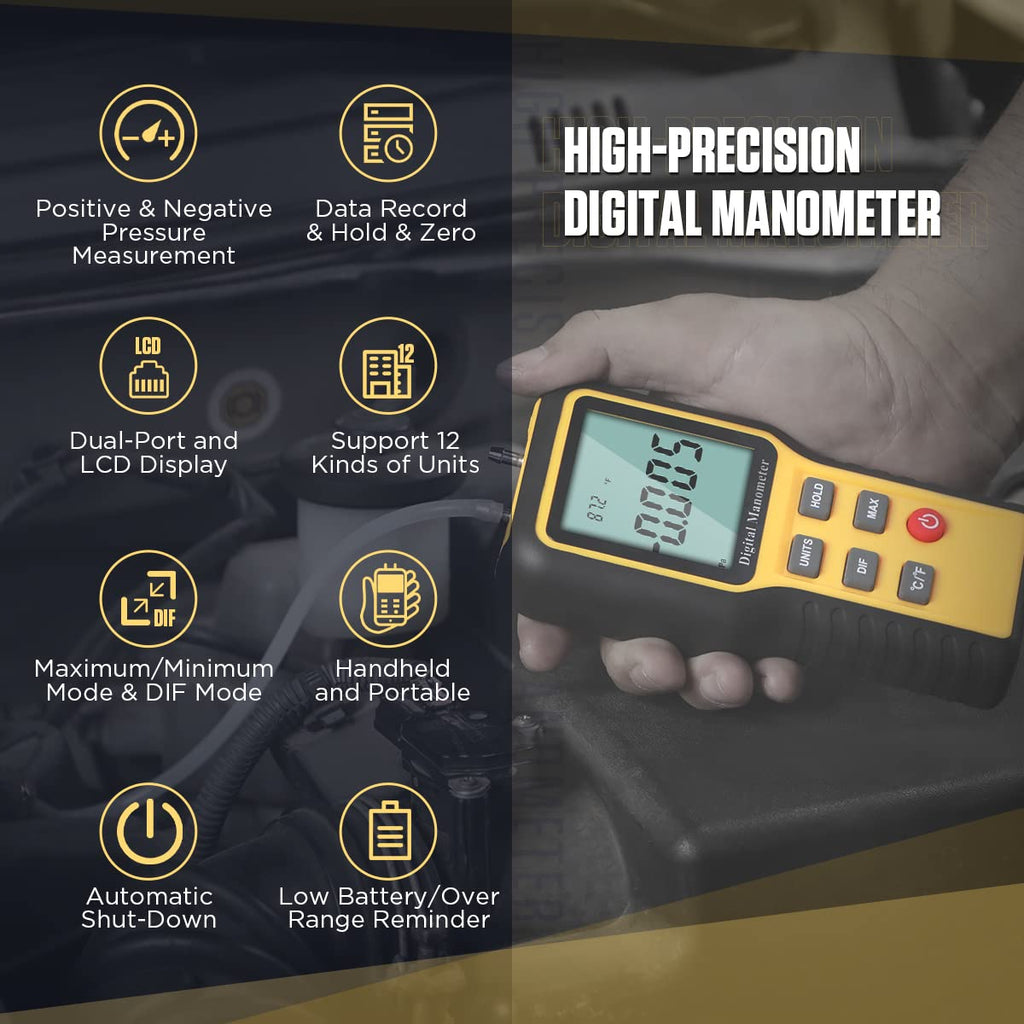 Dual-Port Manometer Gas Pressure Tester Air Pressure Meter Digital Manifold Gauge Set with Hoses N8157
