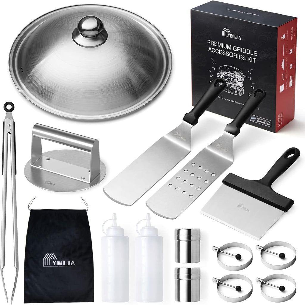 15 Pcs Flat Top Grill Accessories Kit with Spatula Set, Basting Cover and Burger Press W654