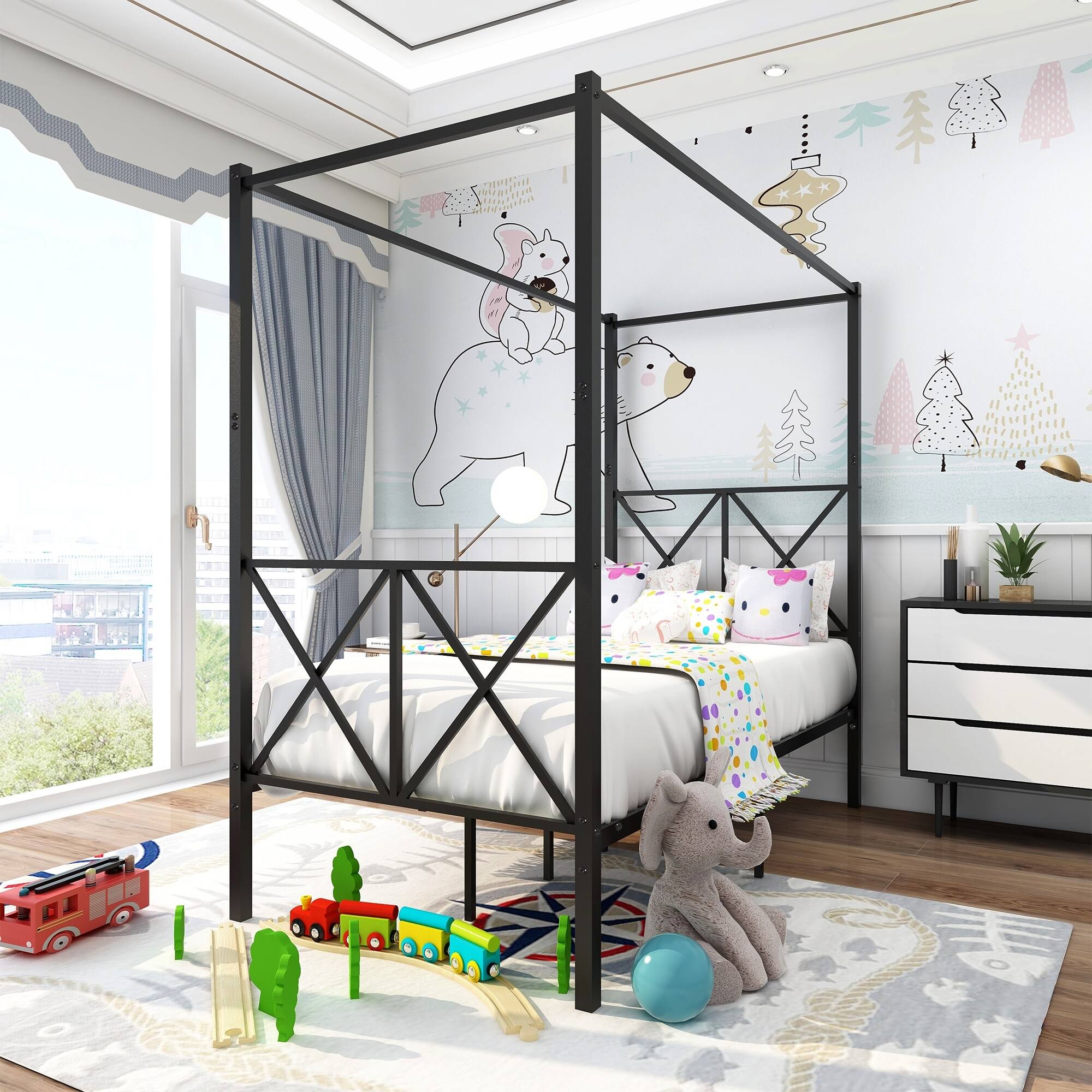 Twin Canopy Bed Frame with x Shaped Frame - Black D9550