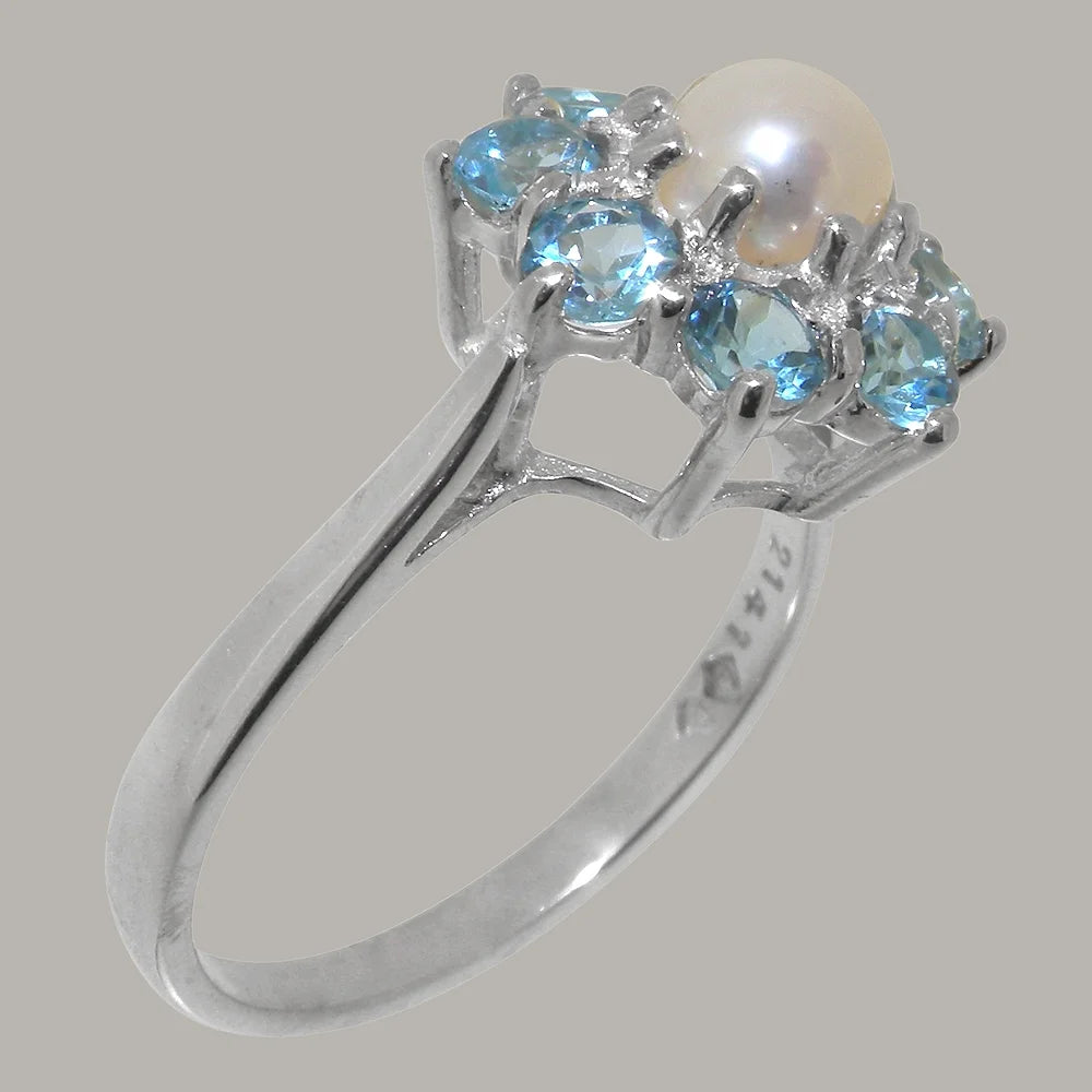 10k White Gold Cultured Pearl Blue Topaz Womens Statement Ring M125894