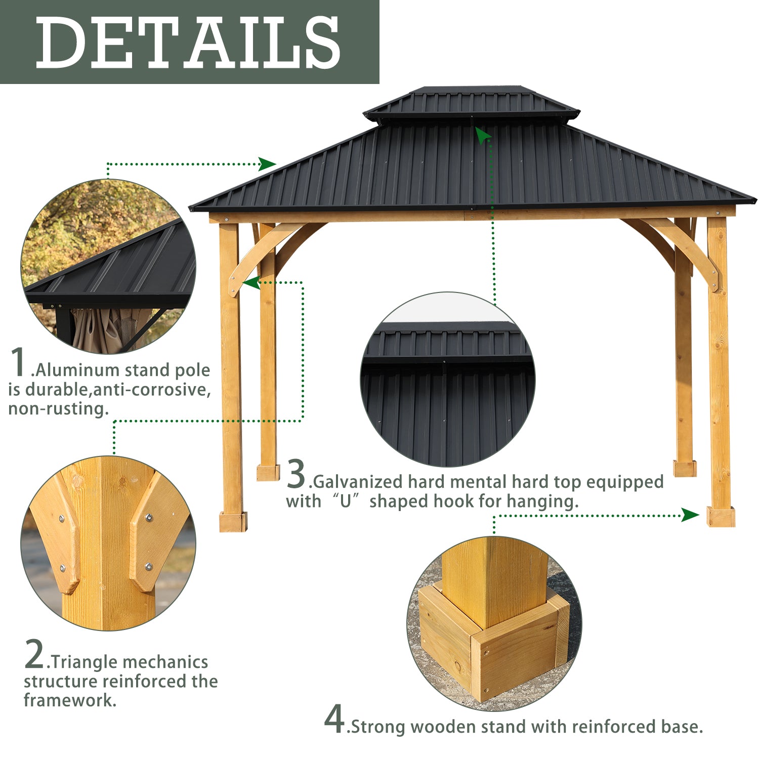 12 x 10 ft. Outdoor Solid Wooden Frame Gazebo with 2-Tier Hardtop Roof T30628