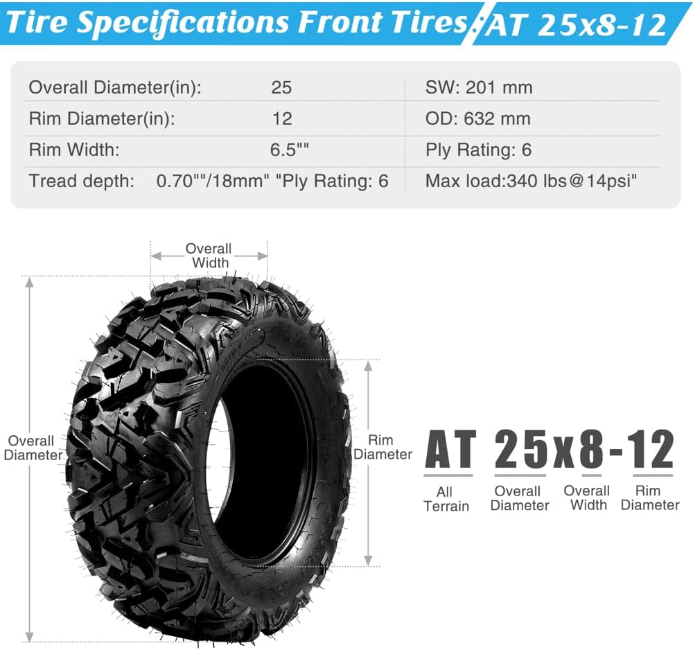 2PCS 25x8-12 All Terrain ATV UTV Tires 6PR T69078