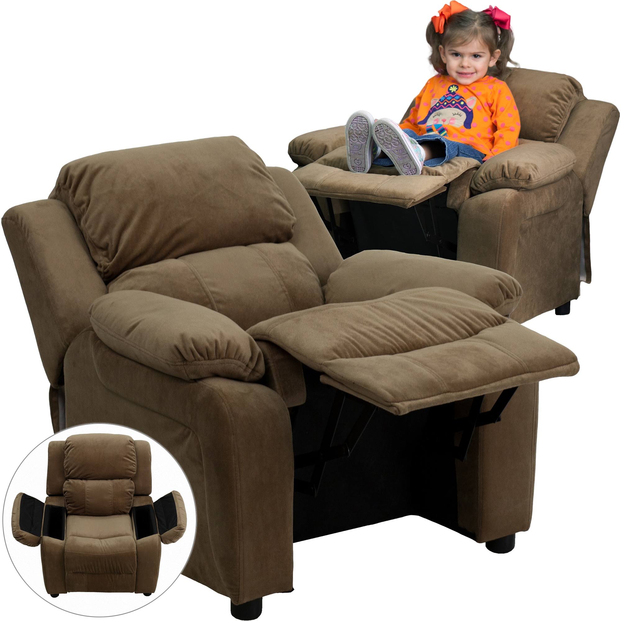Brown Padded Kids Recliner with Flip-Up Storage Arms P95891
