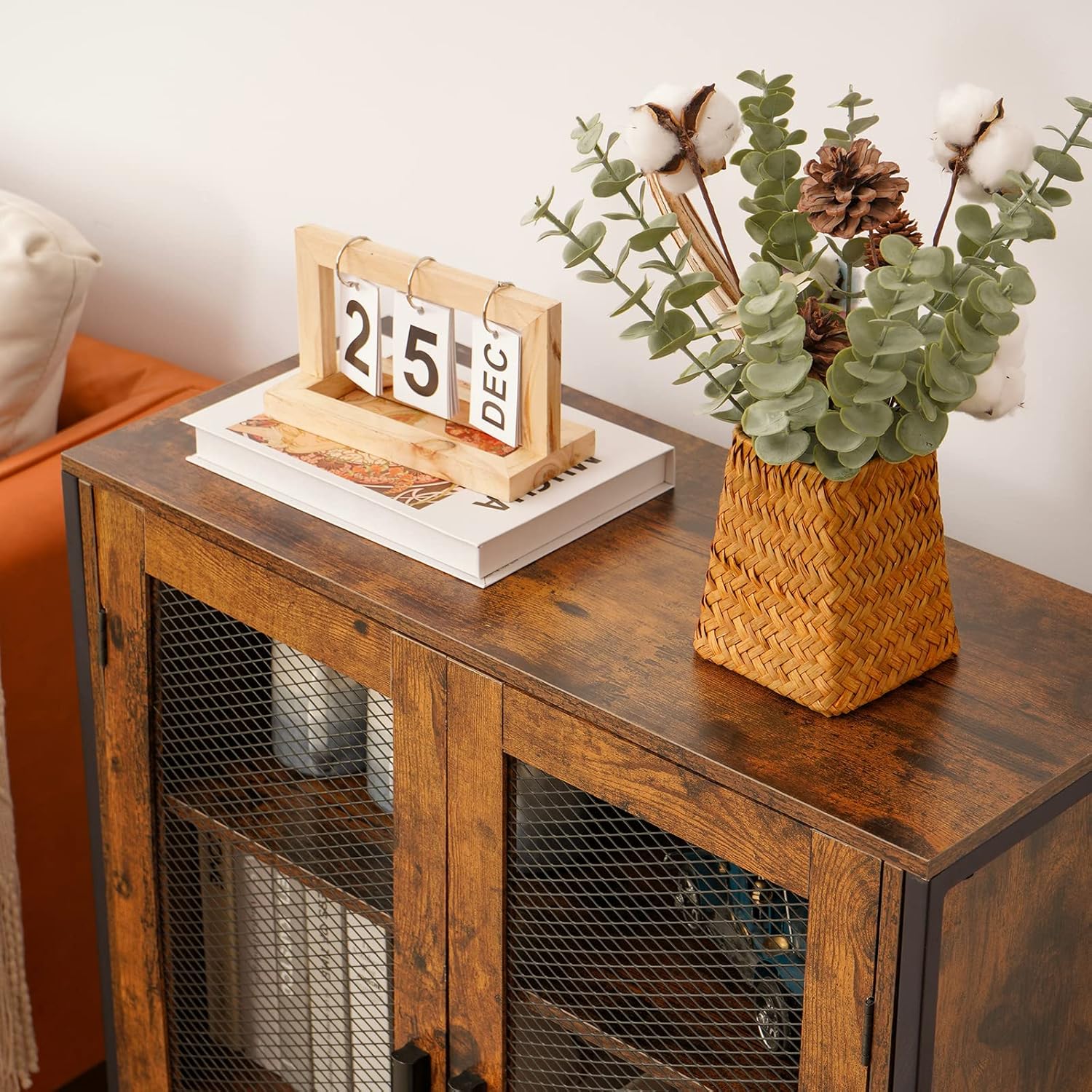 Rustic Brown 3-Tier Storage Cabinet with 2 Mesh Doors K60500