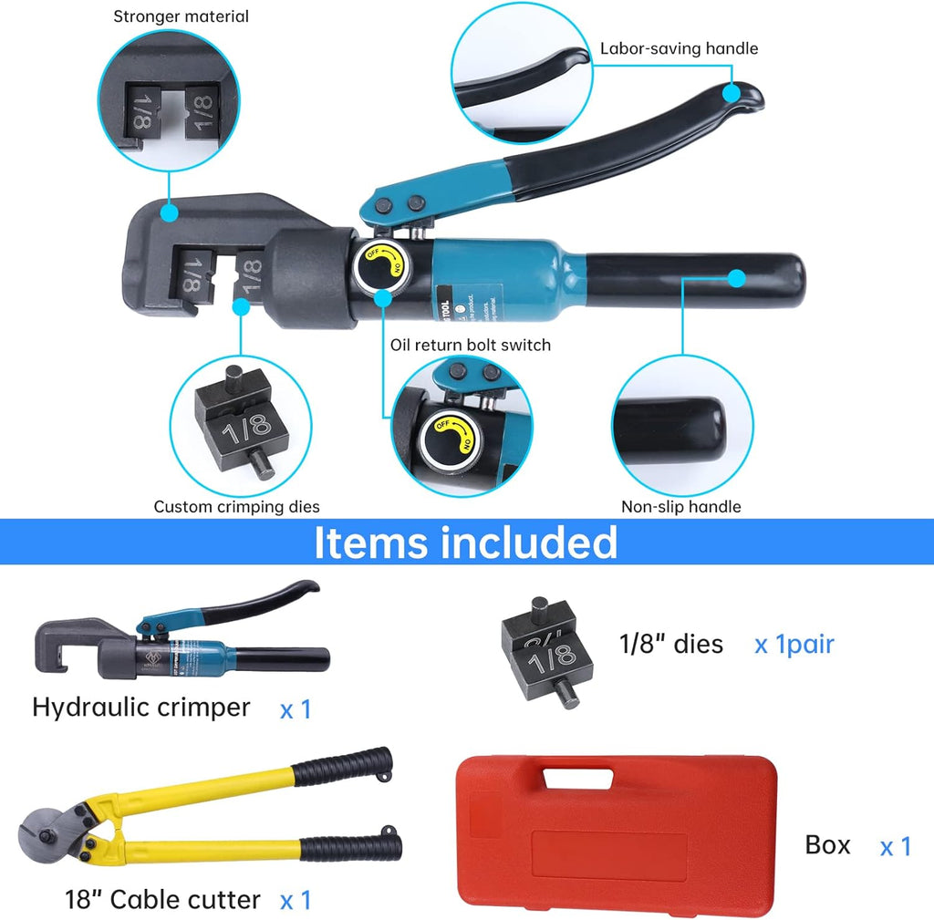 Hydraulic Hand Crimper Tool for 1/8" Stainless Steel Cable Railing Fittings, 45 Ton, with Cable Cutter C8201