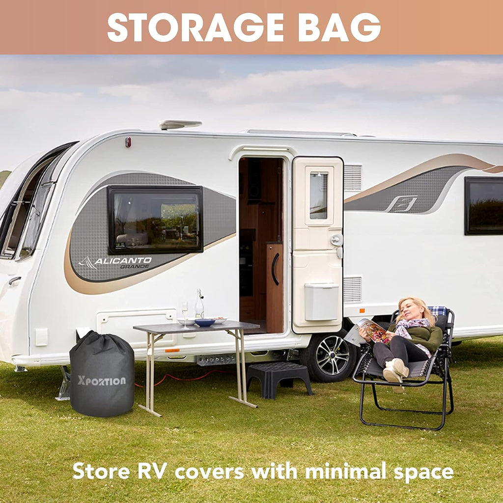 4-Layer Windproof Camper Trailer Cover with Tongue Jack Cover, Tire Covers, Gutter Covers E622588
