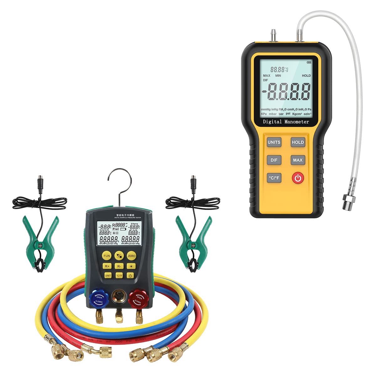 Dual-Port Manometer Gas Pressure Tester Air Pressure Meter Digital Manifold Gauge Set with Hoses N8157