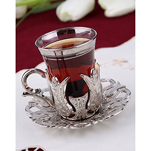 6 x Turkish Tea Glasses Set with Saucers Holders & Spoons (Silver) D133278
