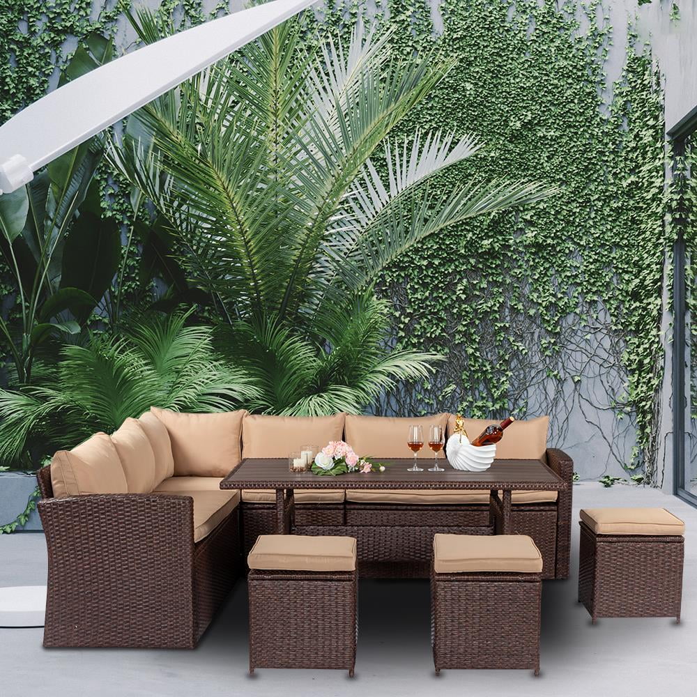 8PCS Wicker Rattan Conversation Set Brown D67105