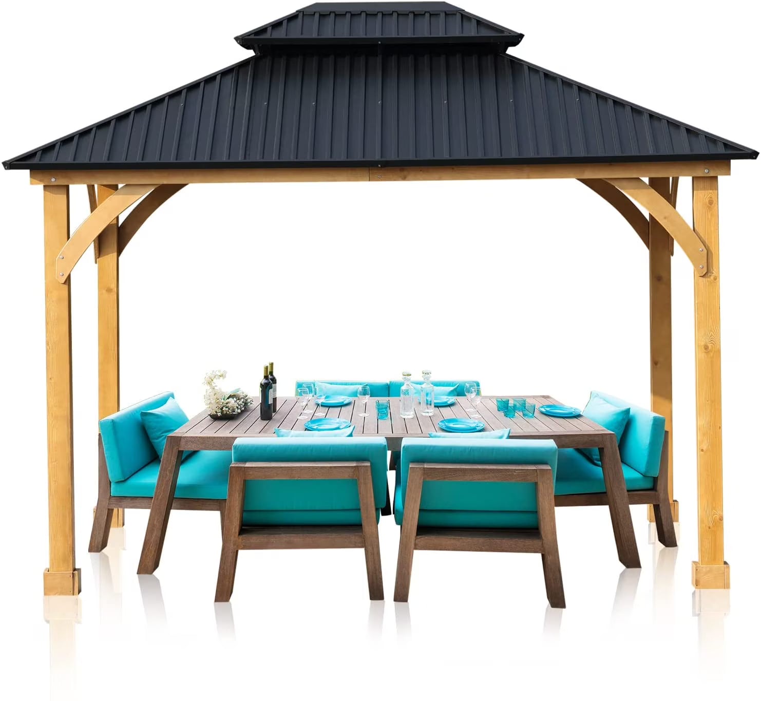 12 x 10 ft. Outdoor Solid Wooden Frame Gazebo with 2-Tier Hardtop Roof T30628