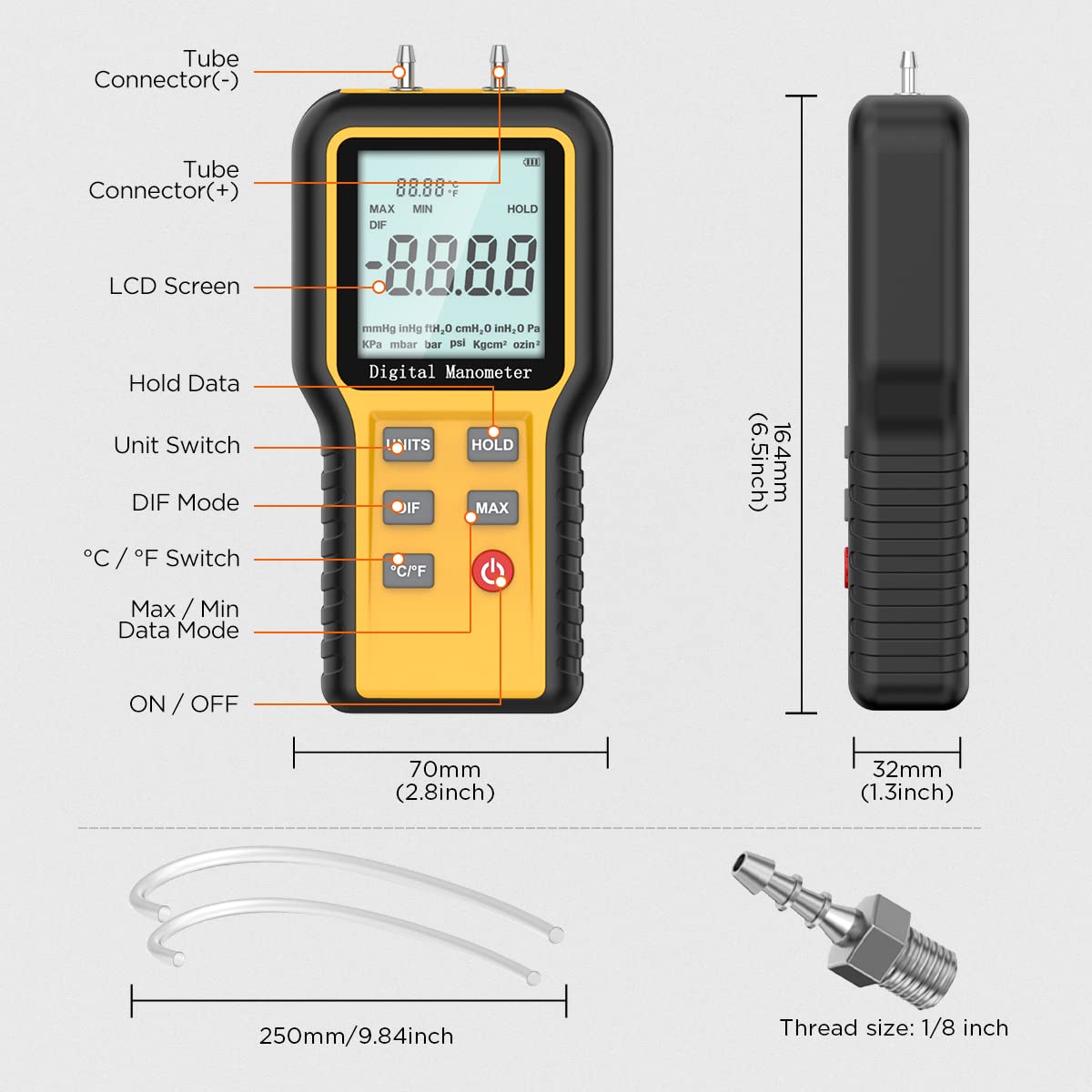 Dual-Port Manometer Gas Pressure Tester Air Pressure Meter Digital Manifold Gauge Set with Hoses N8157