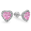 14K White Gold Heart Shape Pink Sapphire & Round Cut Diamond Halo Stud Earrings Z924836